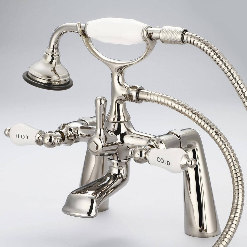 Elegant Polished Nickel Deck Mount Tub Faucet with Porcelain Lever Handles