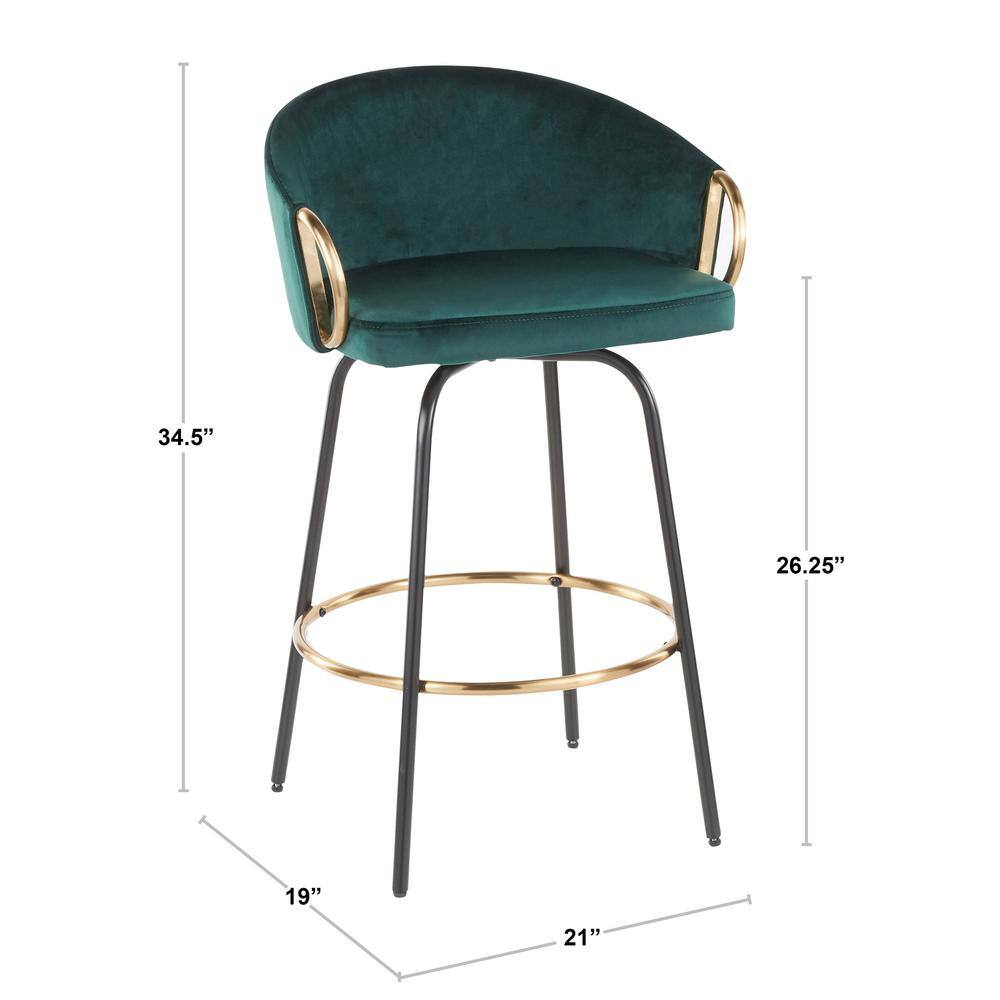 Emerald Green Velvet and Gold Metal Swivel Counter Stools, Set of 2
