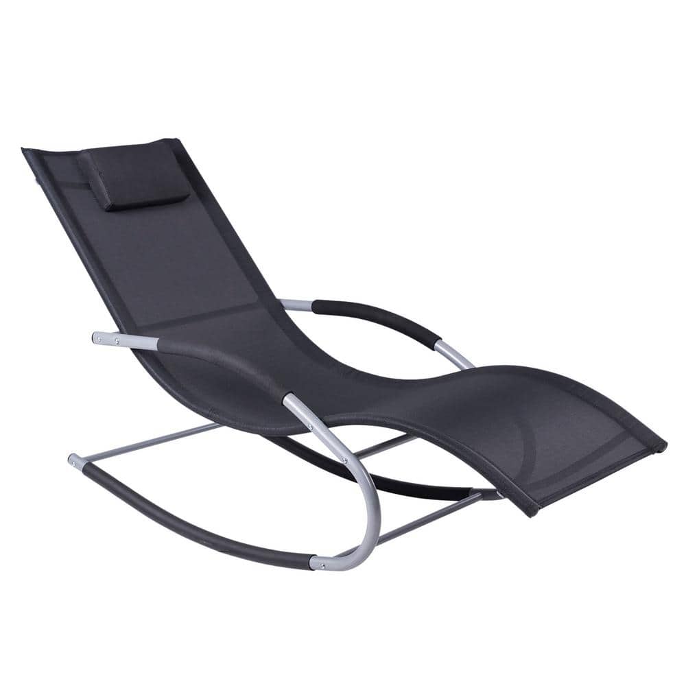 Black Rocking Chair Outdoor Lounge Chair with Pillow and Durable Weather-Fi