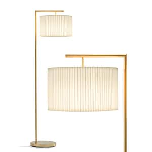 Montage Modern 60 in. Antique Brass Arc 1-Light Super Bright LED Transitional Floor Lamp with White Fabric Drum Shade