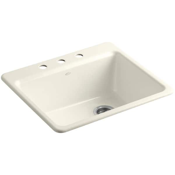 KOHLER Riverby Drop-In Cast-Iron 25 in. 3-Hole Single Bowl Kitchen Sink Kit with Bowl Rack in Biscuit
