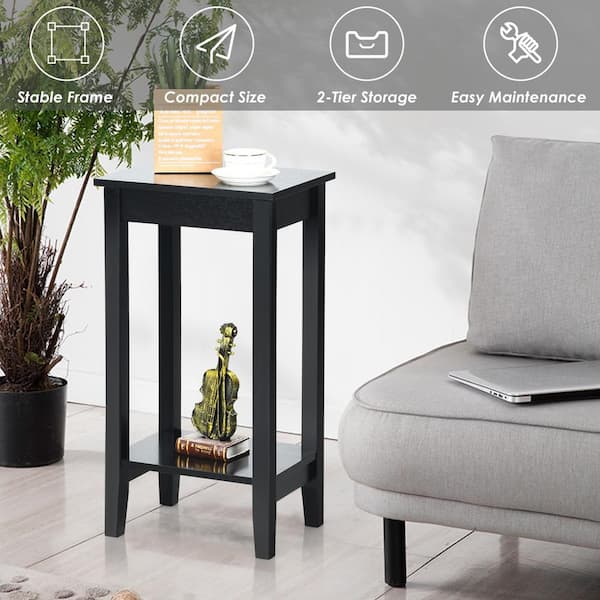 Black End Table Living Room Small Side Table with 2-Tier Storage