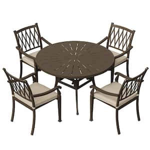 5-Piece Brown Cast Aluminum Round Table 48 in. W Outdoor Dining Set with Beige Cushion, 4 Dining Chairs for Yard(Seat 4)