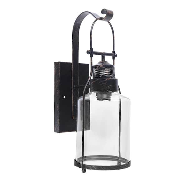 OUKANING 5.9 in. 1-Light Black Retro Industrial Lantern Wall Sconce with Clear Glass Shade, No Bulbs Included