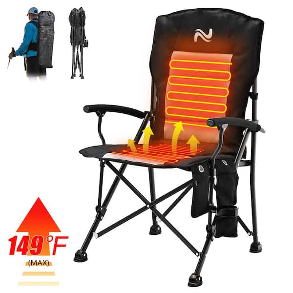 BOZTIY Outdoor Heated Folding Camping Chair 3 Heat Levels Portable Folding Chair with Carry Bag Cupholder and Side Pockets HWLYY C BK HD