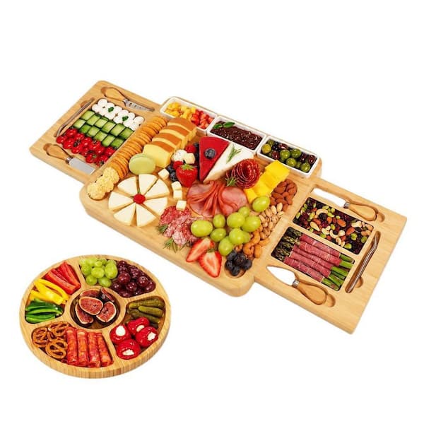 15 in. Bamboo Charcuterie Board Set with Cheese Tray, Large Bamboo Platter for Cheese and Meat