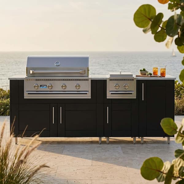 Golden Sky 86.5 in. W 4-Burner Propane Grill Island in Sanibel Pitch Black with Side Burner, Cabinet
