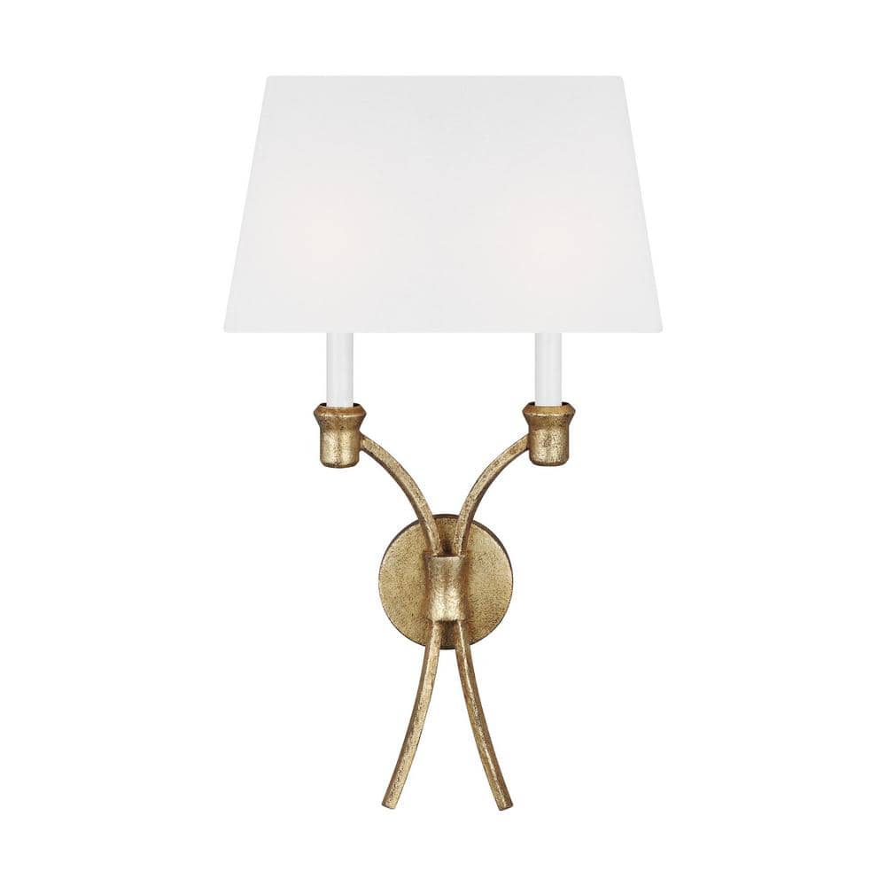Antique Gild 2-Light Wall Sconce with White Linen Shade