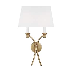 Westerly 13.5 in. W x 23.875 in. H 1-Light Antique Gild Traditional Double Wall Sconce with White Linen Fabric Shade