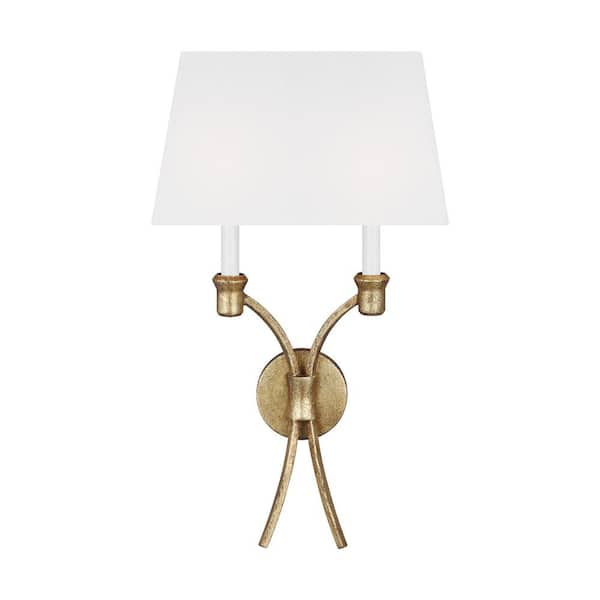Westerly 13.5 in. W x 23.875 in. H 1-Light Antique Gild Traditional Double Wall Sconce with White Linen Fabric Shade