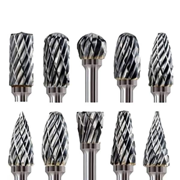 Unbranded 1/8 in. Tungsten Carbide Burr Bits Set, Double Cut Rotary Tool Kit for Dremel Metal Wood Stone Carving (10-Pack)