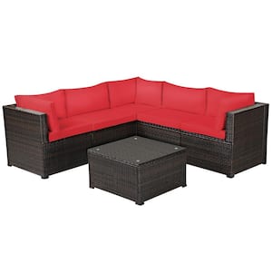 6-Piece Metal Patio Conversation Set for Outdoor with Red Cushions for 4-5 Person