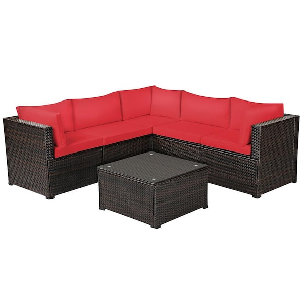 ANGELES HOME 6-Piece Metal Patio Conversation Set for Outdoor with Red Cushions for 4-5 Person
