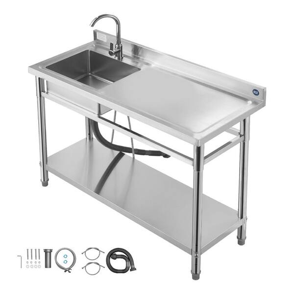 Stainless Steel Utility Sink, Single Bowl Kitchen Sink w/ Faucet, Right Basin Hot & Cold Water Pipe, 47 x 19.7 x 37 in.