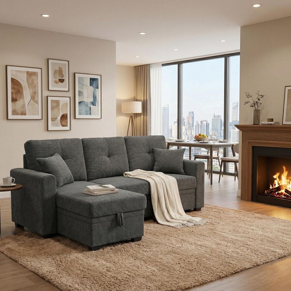 Mary 71 in Fabric Upholstered L-Shaped Storage Sectional Sofa in Dark Gray with Pull-Out Bed, Reversible Chaise price history on PriceWatchPro