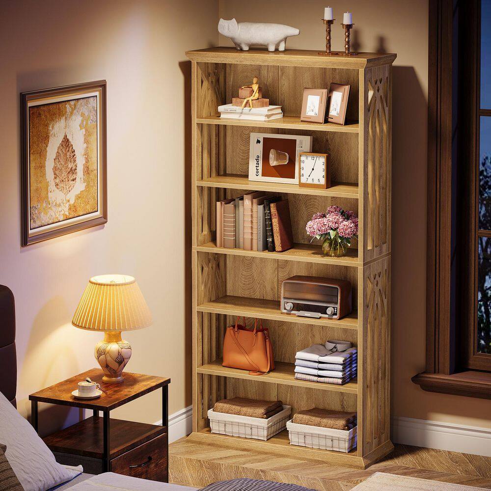 Eulas 75 in. Tall Oak Wood 6-Shelf Standard Bookcase with Interior Shelves, Storage for Living Room, Home Office