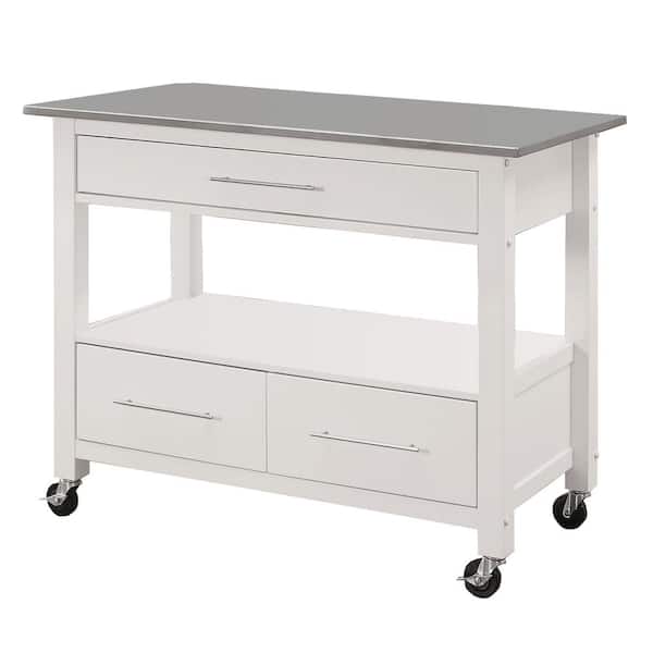 Benjara Gray and White Kitchen Cart with Stainless Steel Top