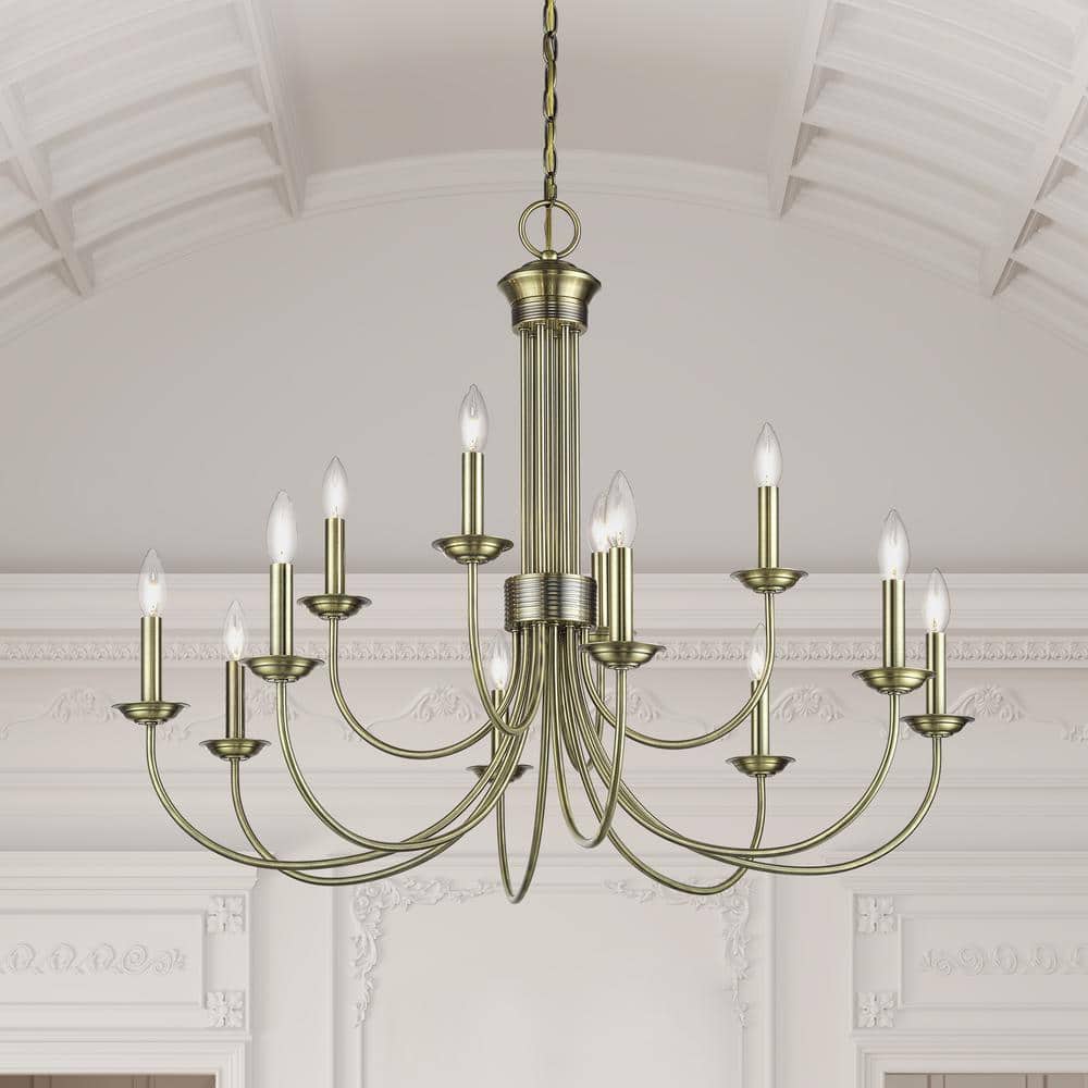 Antique Brass 12-Light Large 2-Tier Chandelier