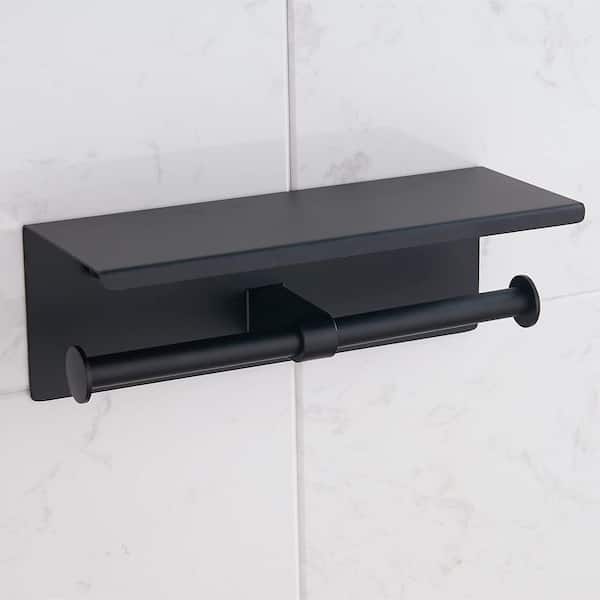 Wall Mounted Stainless Steel Toilet Paper Holder with Shelf in Matte Black, Double Head Toilet Tissue Roll Holder