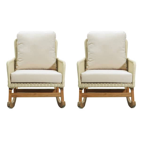 Zeus & Ruta Wicker Outdoor Rocking Chair with Lvory Cushion, Durable Wooden Frame for Patio Balcony, (Set of 2)