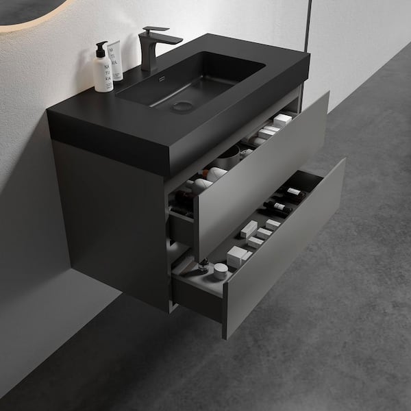 Alice 36.00 in. W x 18.10 in. D x 25.20 in. H Floating Bath Vanity in Gray with Black Top