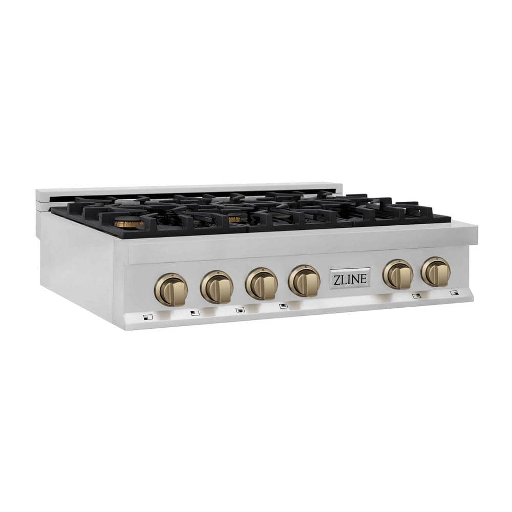 ZLINE Kitchen and Bath Autograph Edition 36 in. 6 Burner Front Control Gas Cooktop with Champagne Bronze Knobs in Stainless Steel, Brushed 430 Stainless Steel & Champagne Bronze