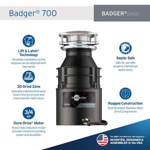 Badger 700,3/4 HP Continuous Feed Kitchen Garbage Disposal with Power Cord and LEDefense Flange