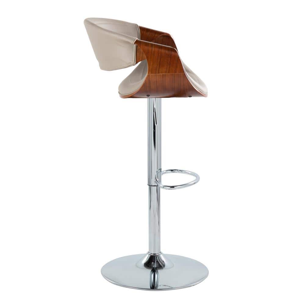 Pewter Gray Faux Leather Adjustable Swivel Barstool Set with Chrome and Walnut
