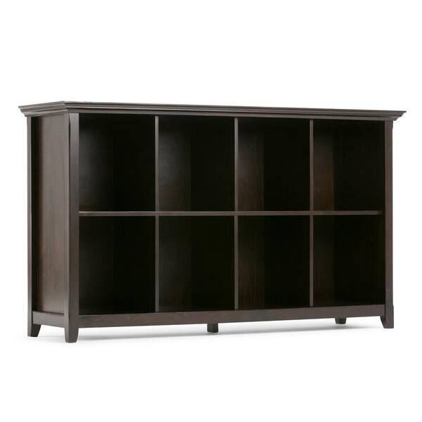 Simpli Home Amherst Solid Wood 57 in. Wide Transitional 8 Cube Bookcase Storage Sofa Table in Dark Brown