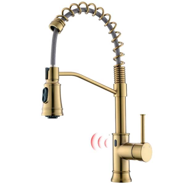 Flynama Pull out Touchless Single Handle Kitchen Faucet with MotionSense In Brushed Gold