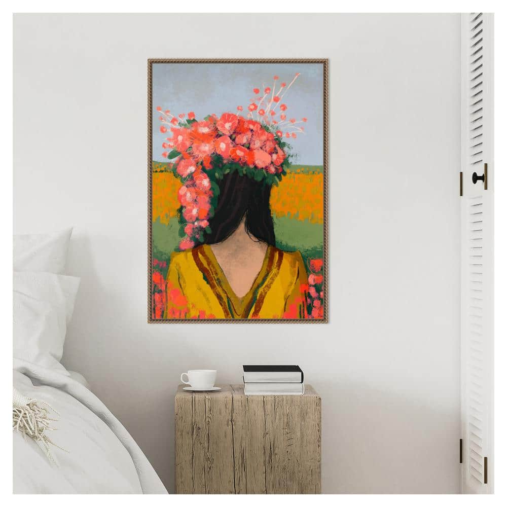 Woman with Floral Wreath Abstract Canvas Print in Bronze Frame