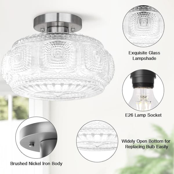 11 in. 1-Light Silver Semi Flush Mount Ceiling Light with Crystal