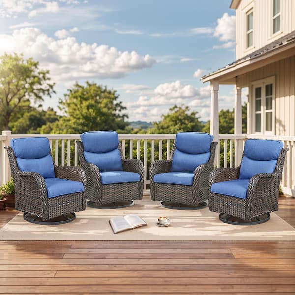 Bellefurn Smiley 4-Piece Brown Wicker Outdoor Swivel Glider Patio Rocking Chair with Olefin 5 in. Thick Blue Cushion