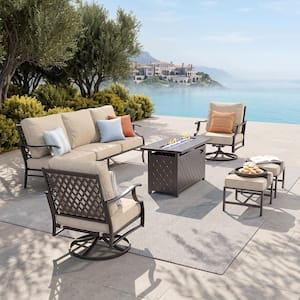 Black Metal Meshed 7 Seat 6-Piece Steel Outdoor Fire Pit Patio Set with Beige Cushions, Black Rectangular Fire Pit Table