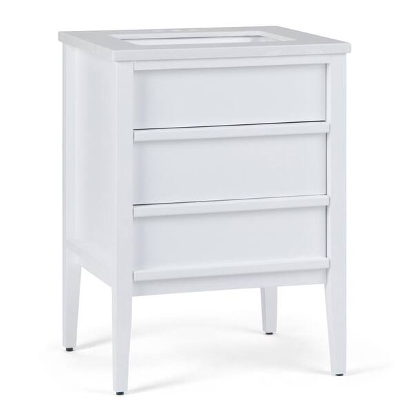 Simpli Home Russo 24 in. W x 21.5 in. D Bath Vanity in White with Marble Extra Thick Vanity Top in White Veined with White Basin