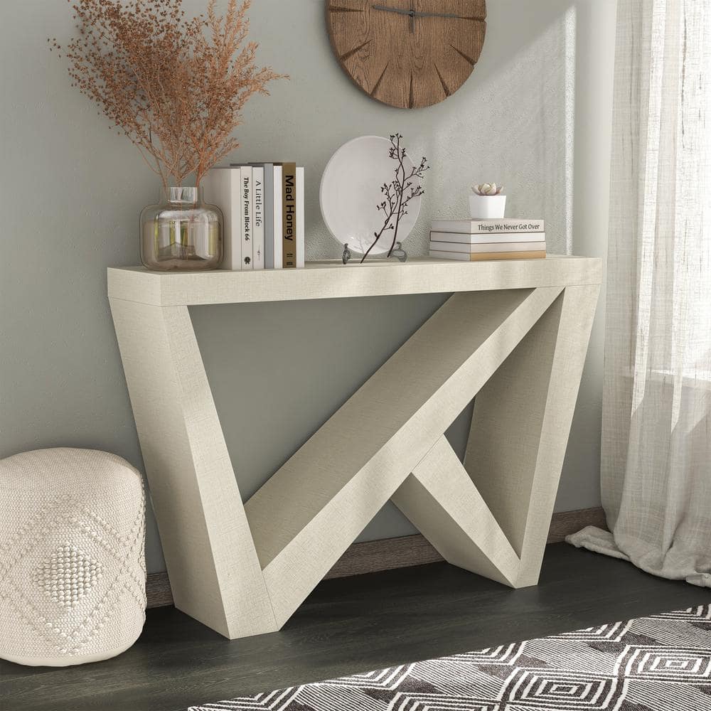 Cream Weave Modern Rectangular Console Table with Geometric Design