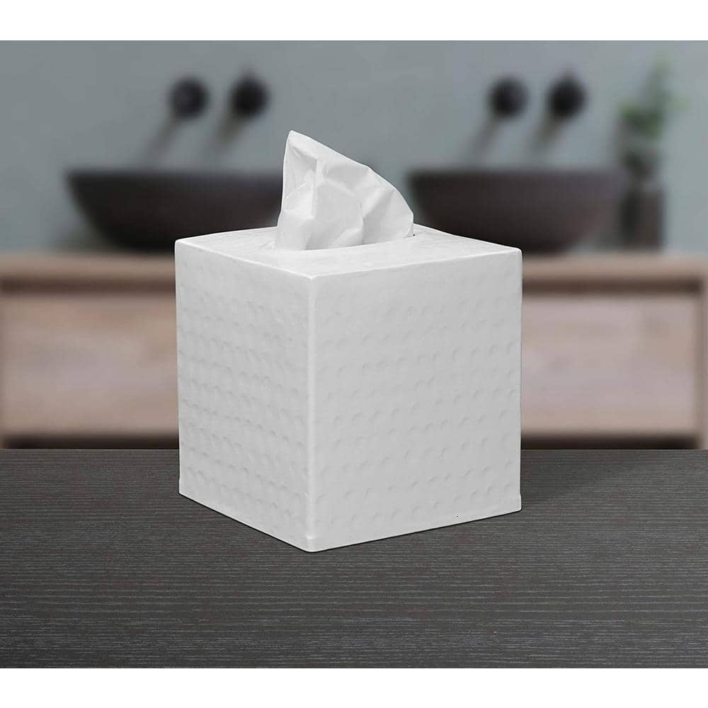 White Hand Hammered Metal Square Tissue Box Cover