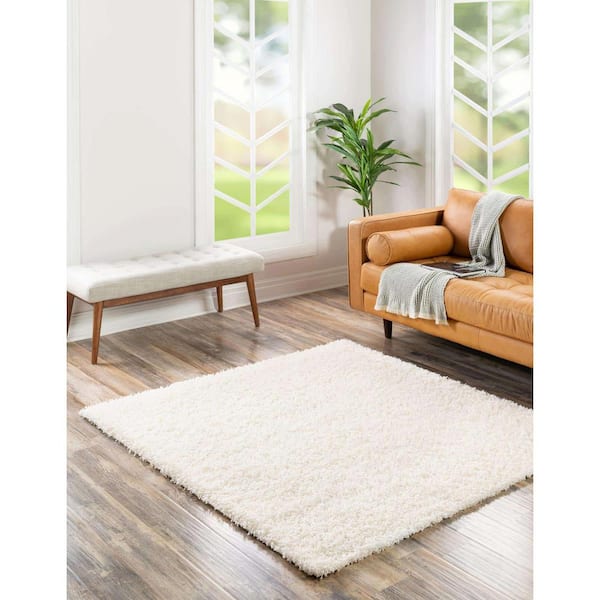 Shop Solid Shag Solid Rectangular 8x11 Rug Snow White, Indoor Rugs