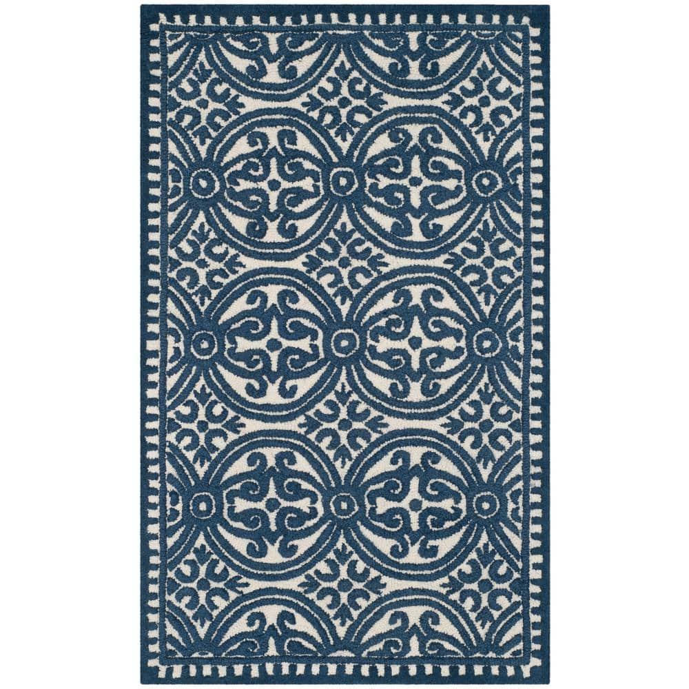 Ivory and Navy Handmade Wool Runner Rug