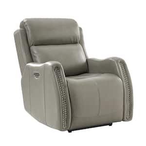 Roberto GREY 33.07 in. W Nailhead Trims Genuine Leather Power Recliner with USB Charging