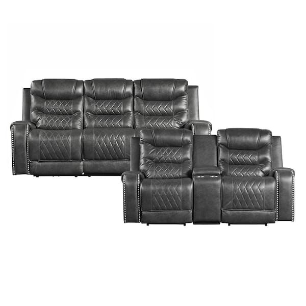 Lazzara Bergen 86.5 in. W Straight Arm Faux Leather Rectangle 2-Piece Power Reclining Sofa Set in. Gray