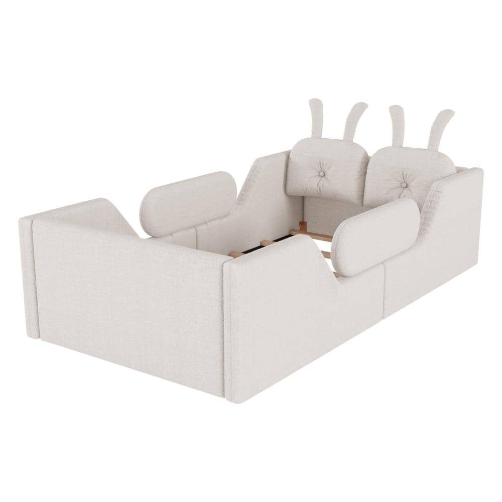 White Teddy Fabric Twin Size Platform Bed with Removable Side Rails and Rabbit Cushion durable construction price history on PriceWatchPro