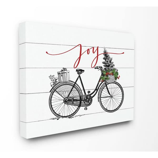 24 in. x 30 in."White Holiday Joy Bicycle with Tree and Gifts" by Artist Lettered and Lined Canvas Wall Art