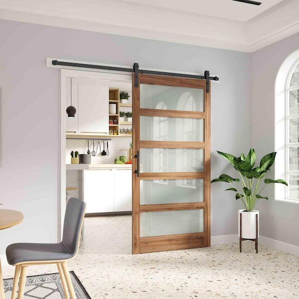 42 in. W. x 84 in. 5 Lite Frosted Glass Brown Finished MDF Sliding Barn Door with Hardware Kit
