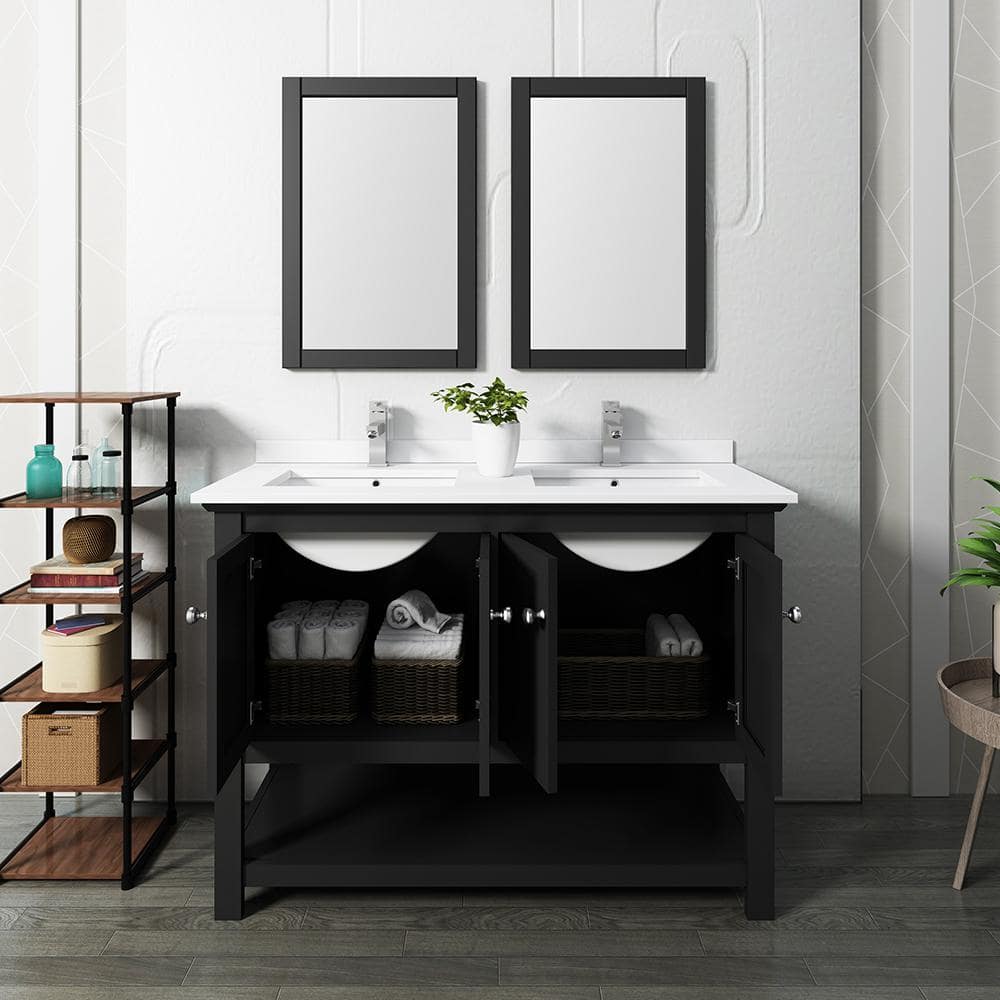 Elegant 48" Black Double Sink Vanity Set with Quartz Top & Mirrors