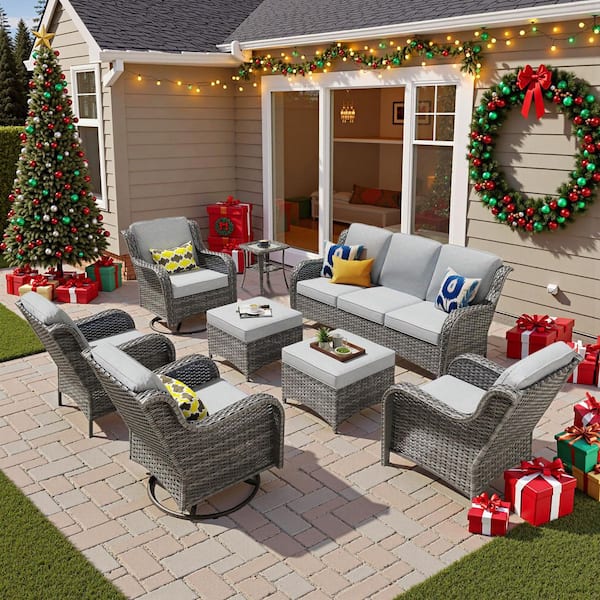 Clario 8-Piece Wicker Patio Sectional Conversation Set with Gray Cushion and Rocking Swivel Chairs for Backyard