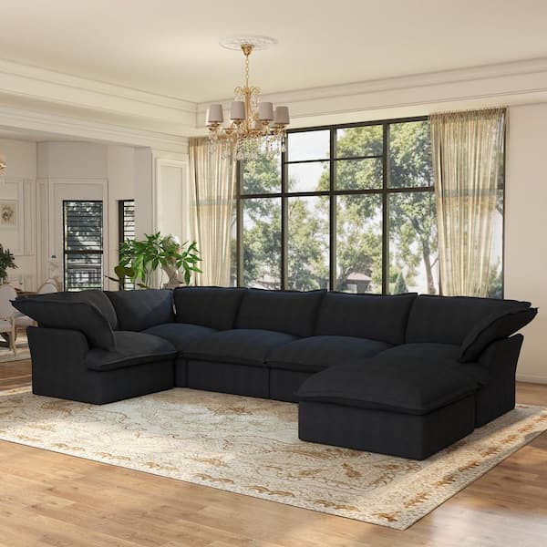 Magic Home Pine Wood 123 in. Flared Arm Linen Oversized Modular Sofa with Washable Cover, Storage Ottoman in. Black