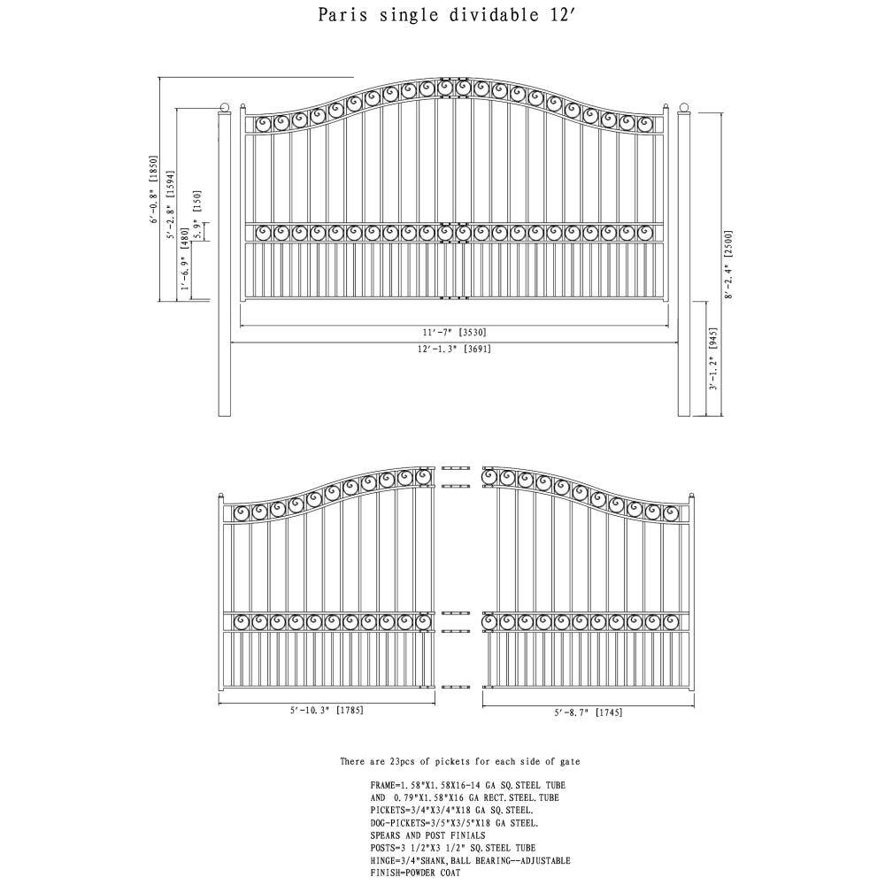 Paris Style Black Steel Sliding Driveway Gate with Pedestrian Gate