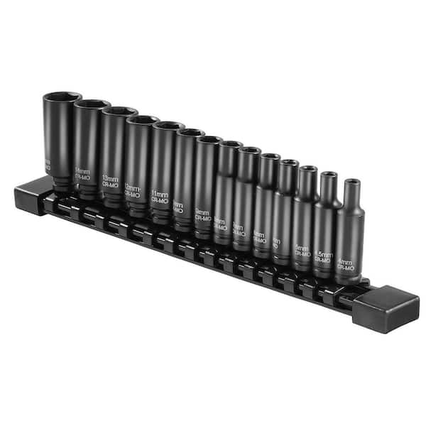 SKYSHALO 1/4 in. Drive Impact Socket Set, 14-Piece Deep Socket Set Metric 4-15mm, 6 Point Cr-Mo Alloy Steel