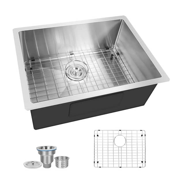 GVODE 24 in. Undermount Single Bowl 16-Gauge Stainless Steel Kitchen Sink with Accessories, Sliver